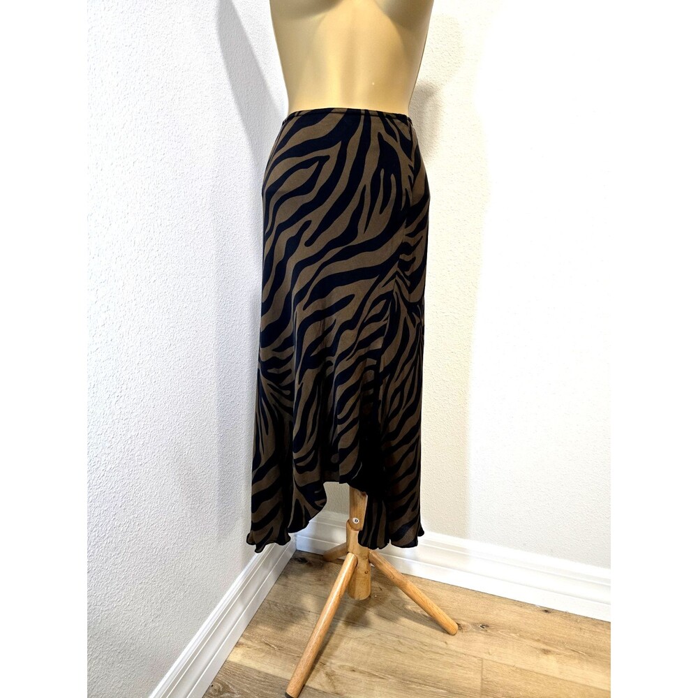 Vintage Nygard Collection Silk Skirt 10P Midi Brown Black Animal Asymmetric Hem